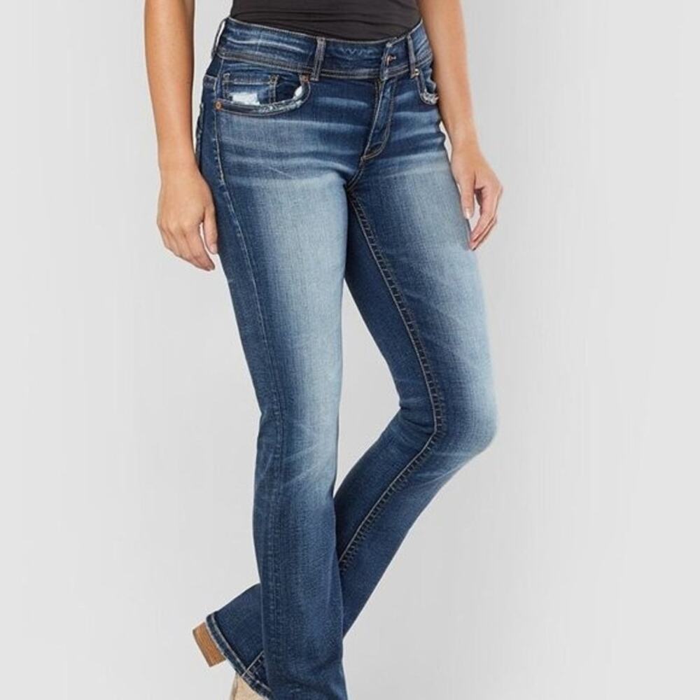BKE Payton Blue Distressed Denim Bootcut Low Rise Jeans Women's Size 28 Long